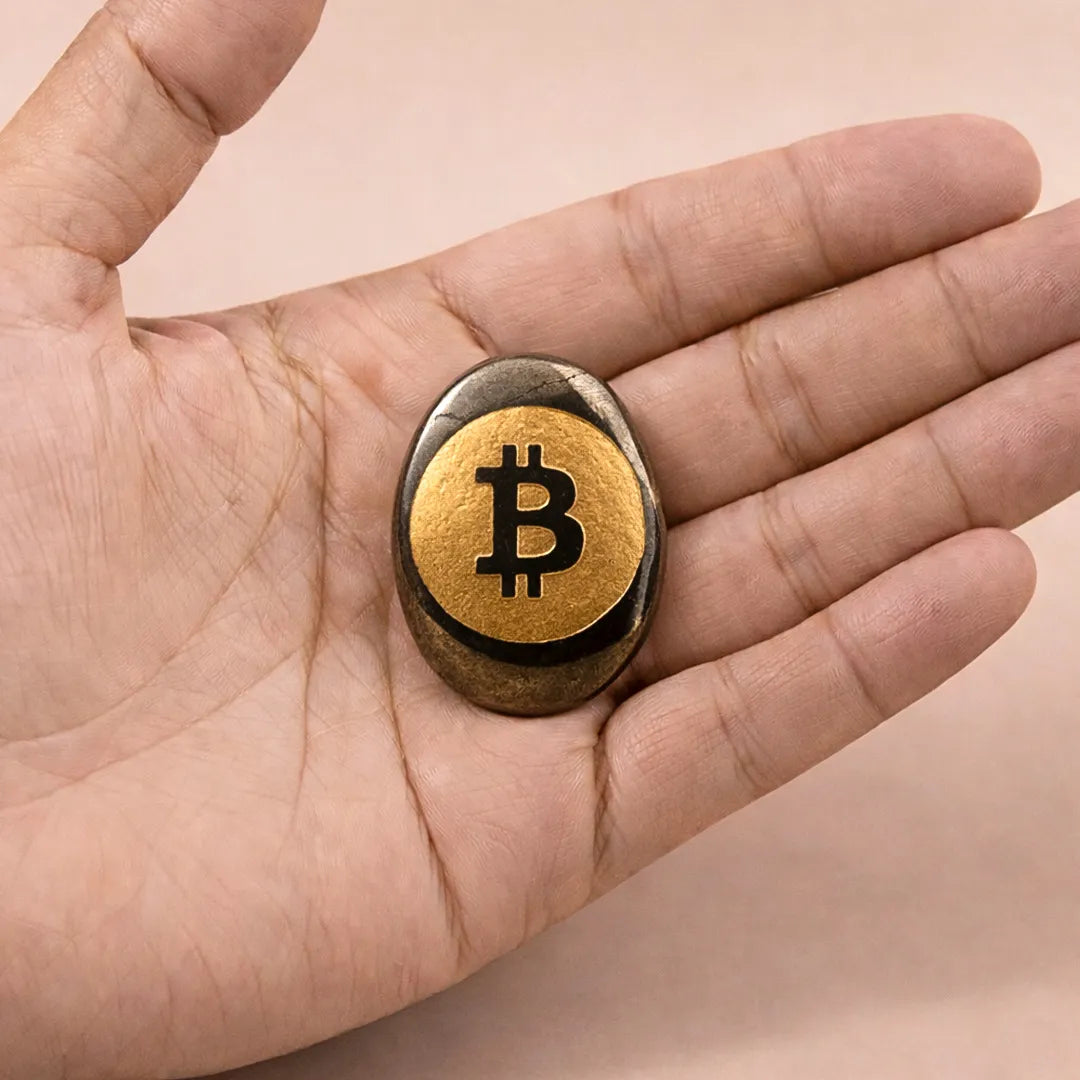 Hand holding a stone with a Bitcoin symbol on a beige background