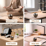 Metallic ball device in various settings including meditation space, office desk, cash counter, and study table.