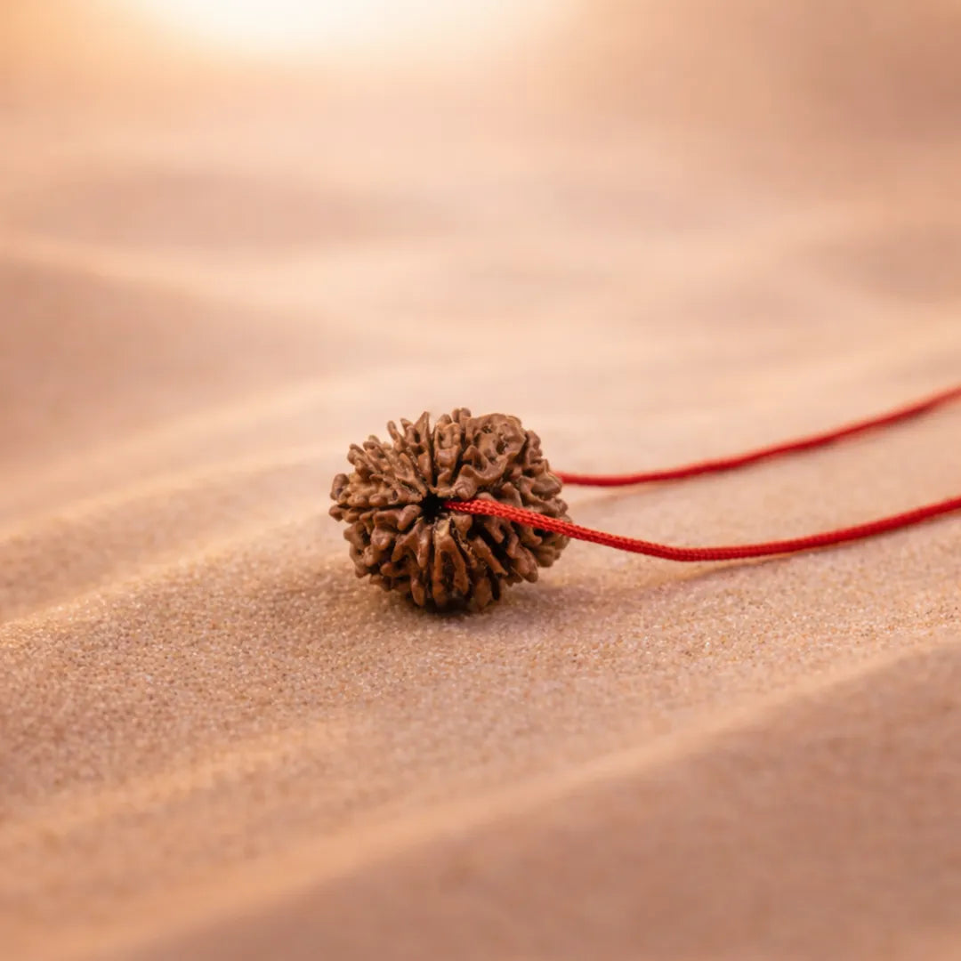 Brown seed pod with a red string on a sandy surface
