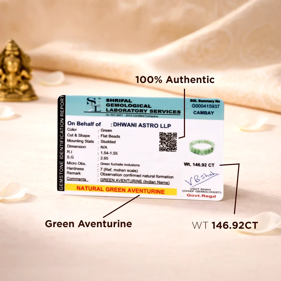 Certification label for green aventurine stone with Shriram Gemological Laboratory Services on a soft fabric background.