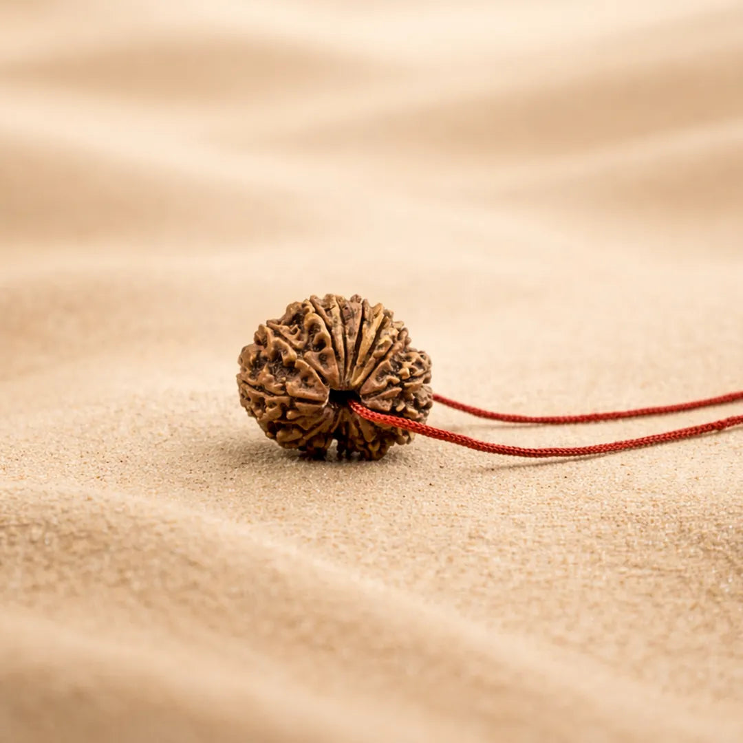 Brown textured object on a beige surface with a red string