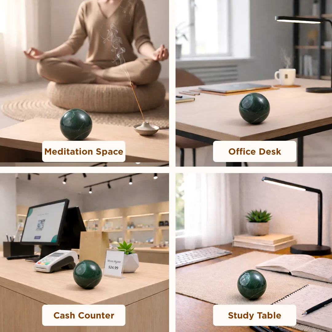 Green marble ball on a desk in various settings including meditation space, office desk, cash counter, and study table.