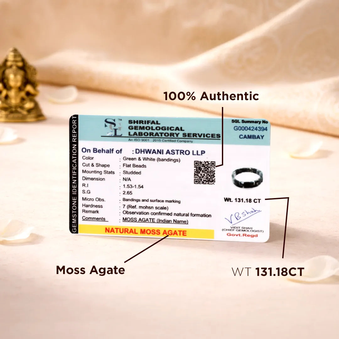 Certification label for a moss agate stone on a soft fabric backgroundMoss Agate Emerald Cut Bracelet – Growth, Stability & Emotional Balance