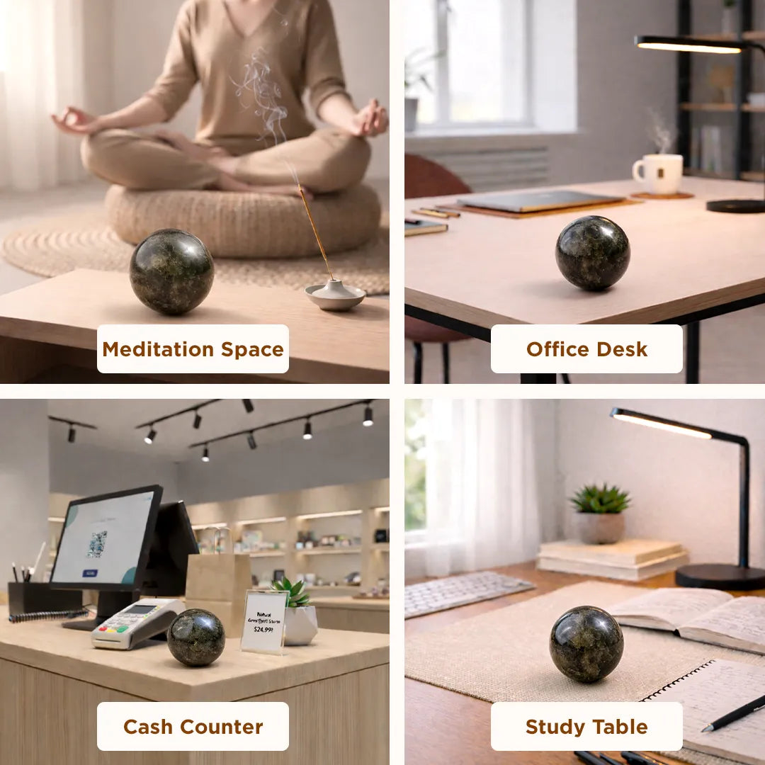 Four different settings with a decorative stone ball labeled 'Meditation Space', 'Office Desk', 'Cash Counter', and 'Study Table'.