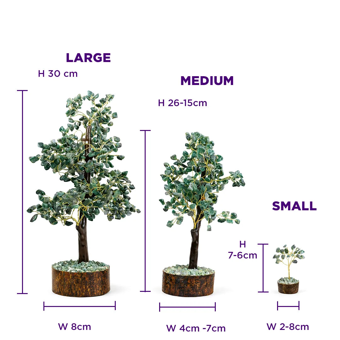 Three artificial trees with measurements labeled as large, medium, and small on a white background.Green Jade Tree : Promotes Wealth Attraction & Money Growth