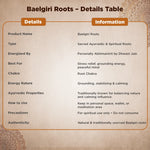 Product details table for Baelgiri Roots on a textured background