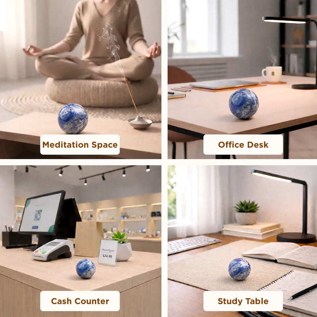 Blue decorative ball shown in different settings: meditation space, office desk, cash counter, and study table.