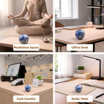 Blue decorative ball shown in different settings: meditation space, office desk, cash counter, and study table.