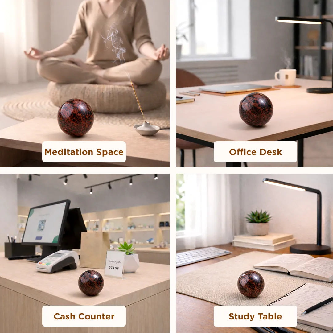 Four different settings with a decorative ball on a desk, labeled 'Meditation Space', 'Office Desk', 'Cash Counter', and 'Study Table'.
