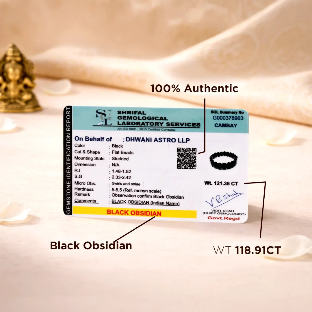 Certification label for black obsidian stone with Shriram Gemological Laboratory Services details.
