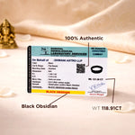 Certification label for black obsidian stone with Shriram Gemological Laboratory Services details.