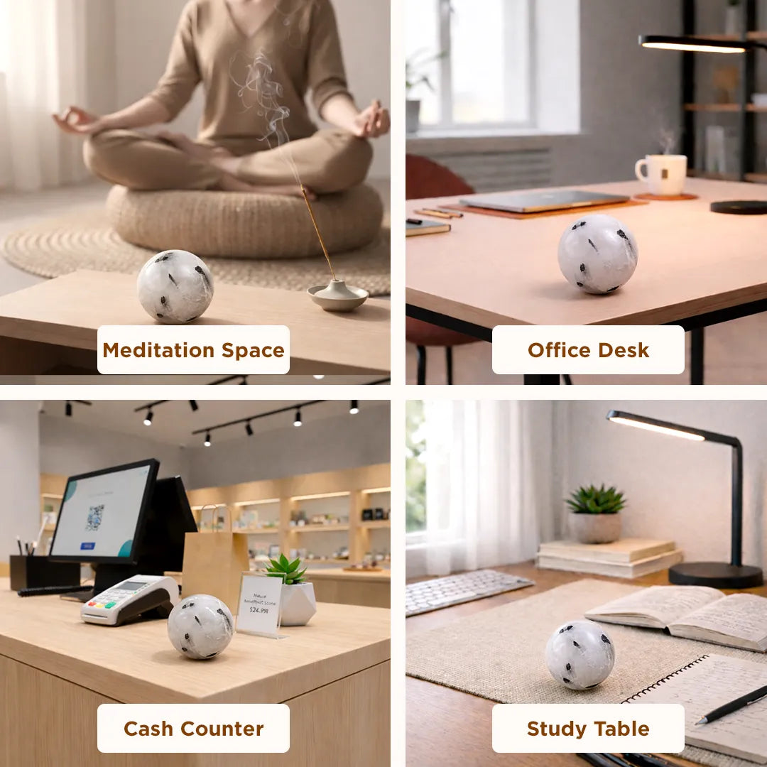 Four different settings with a small white ball on a surface, labeled 'Meditation Space', 'Office Desk', 'Cash Counter', and 'Study Table'.Natural Black Rutilated Quartz Crystal Ball – Abhimantrit & Certified