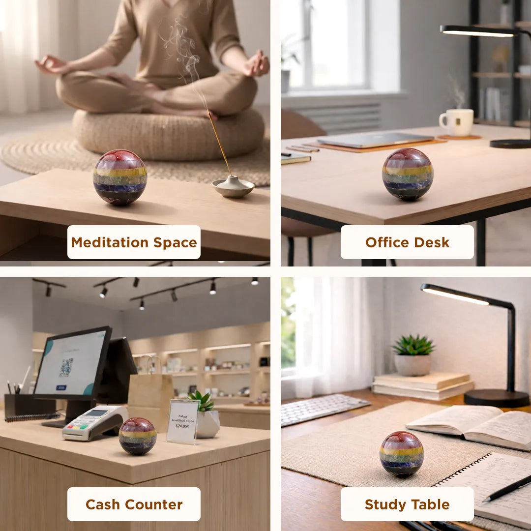 Multicolored spherical object on a desk in various settings including meditation, office, cash counter, and study.
