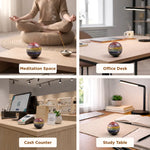 Multicolored spherical object on a desk in various settings including meditation, office, cash counter, and study.
