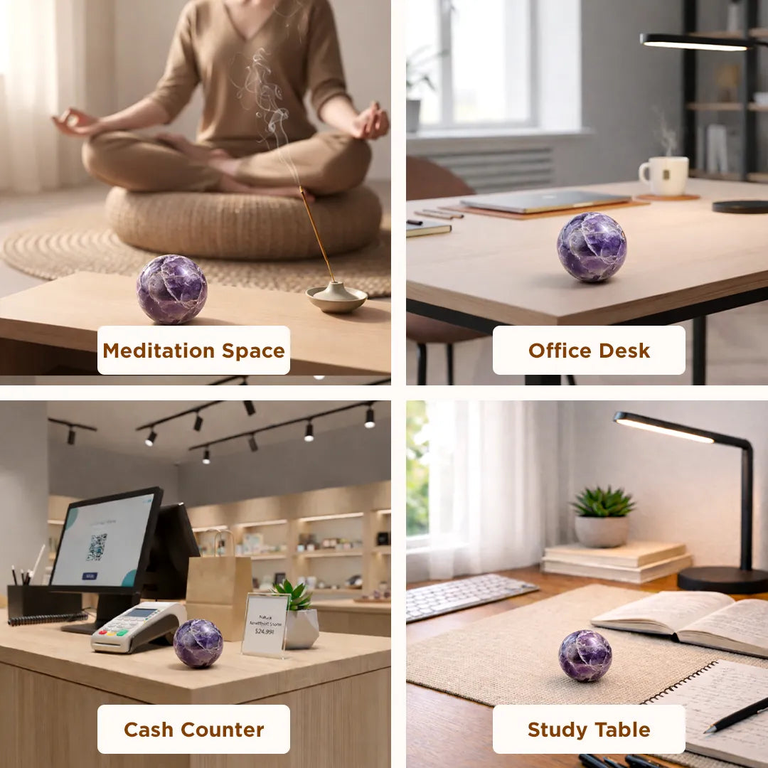 Purple decorative ball shown in different settings: meditation space, office desk, cash counter, and study table.Natural Amethyst Crystal Ball – Abhimantrit & Certified