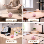 Pink crystal ball used in various settings including meditation, office desk, cash counter, and study table.