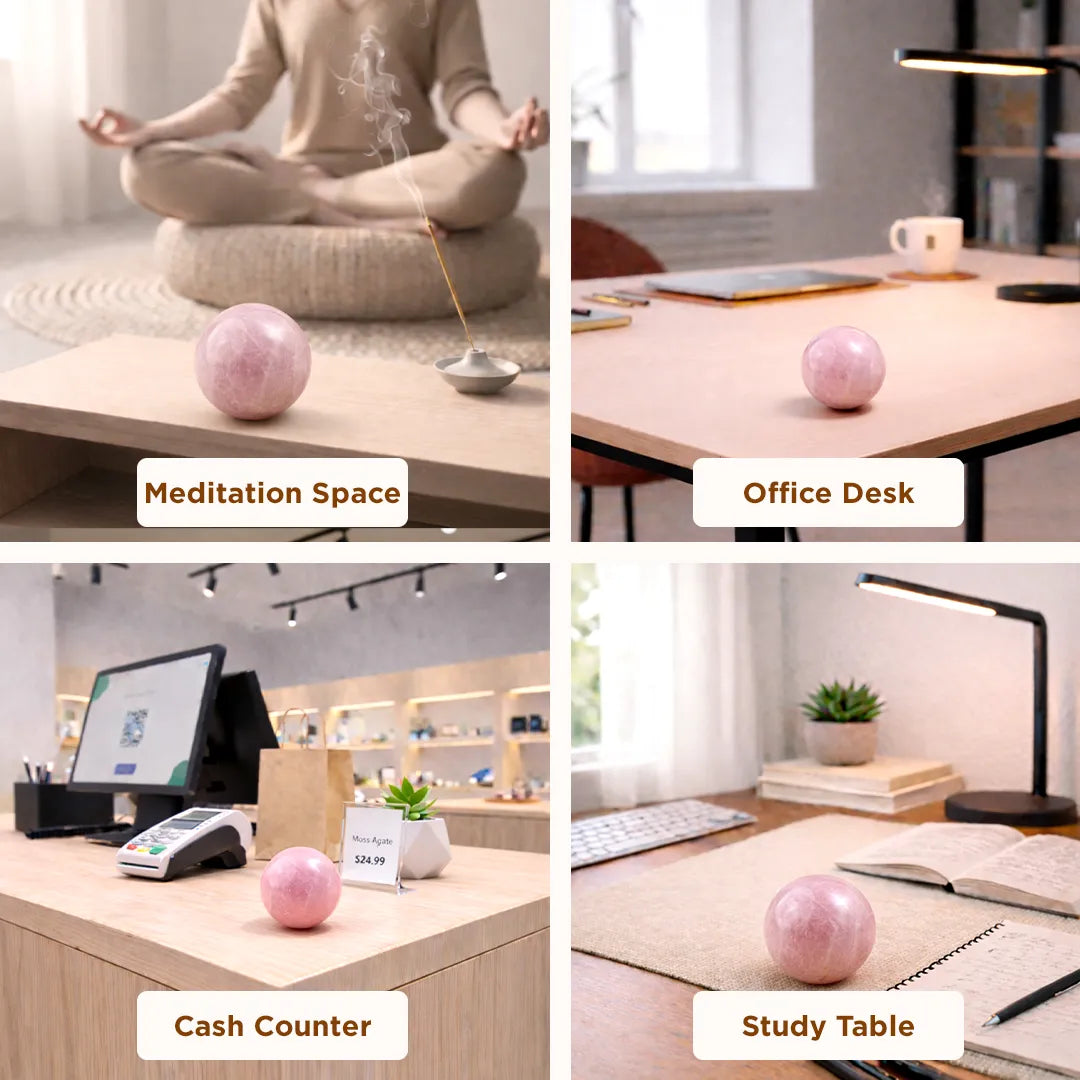 Pink crystal ball used in various settings including meditation, office desk, cash counter, and study table.Natural Rose Quartz Crystal Ball – Abhimantrit & Certified