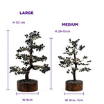 Two decorative trees with measurements labeled for large and medium sizes on a white background.