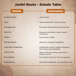 Product details table for Javitri Roots on a textured background