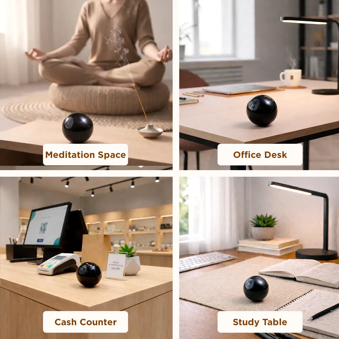 Black spherical object on various surfaces labeled 'Meditation Space', 'Office Desk', 'Cash Counter', and 'Study Table'.Natural Black Agate Crystal Ball – Abhimantrit & Certified