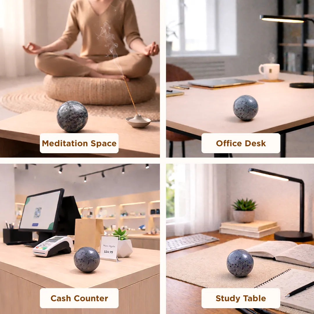 Four different settings with a small decorative ball on a table, labeled 'Meditation Space', 'Office Desk', 'Cash Counter', and 'Study Table'.