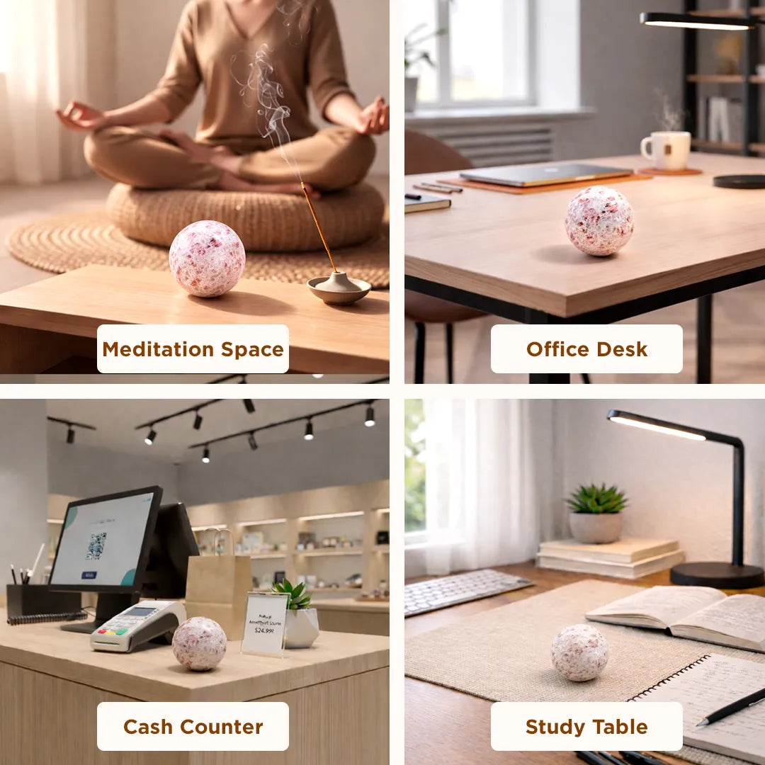 Four different settings with a decorative ball on a table labeled 'Meditation Space', 'Office Desk', 'Cash Counter', and 'Study Table'.