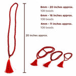 Red beaded necklace with tassels and measurements on a white background