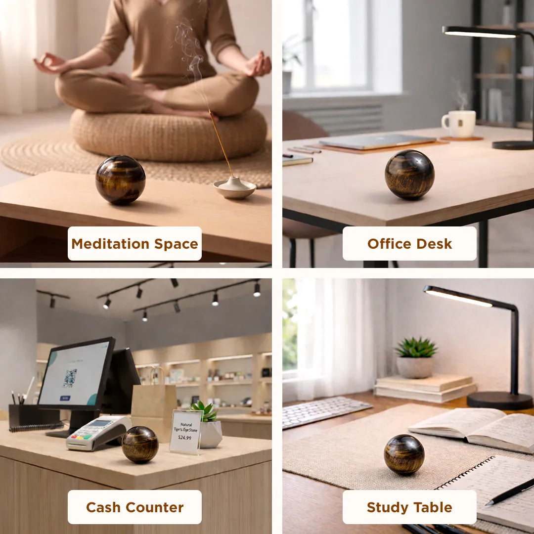 Collage of a decorative ball in different settings: meditation space, office desk, cash counter, and study table.