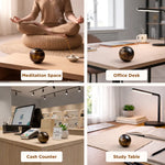 Collage of a decorative ball in different settings: meditation space, office desk, cash counter, and study table.