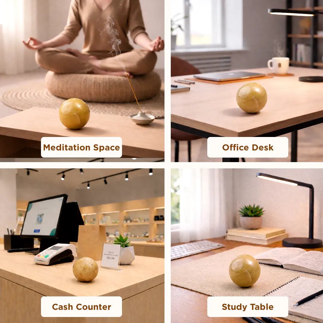 Four different settings with a green ball on a table labeled 'Meditation Space', 'Office Desk', 'Cash Counter', and 'Study Table'.