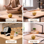 Four different settings with a green ball on a table labeled 'Meditation Space', 'Office Desk', 'Cash Counter', and 'Study Table'.