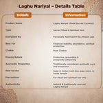 Product details table for Laghu Nariyal on a textured background