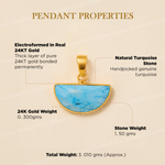 Gold pendant with turquoise stone on a beige background with text detailing properties.