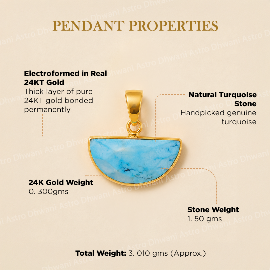 Gold pendant with turquoise stone on a beige background with text detailing properties.Half Moon Turquoise Aura Pendant in Real 24KT Gold Electroformed