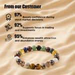 Multicolored beaded bracelet on a beige fabric background with customer feedback statistics.