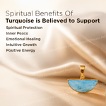 Turquoise pendant on gold chain with text about spiritual benefits on a beige fabric background