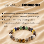 Multicolored beaded bracelet on a beige fabric background with text about the bracelet's benefits.