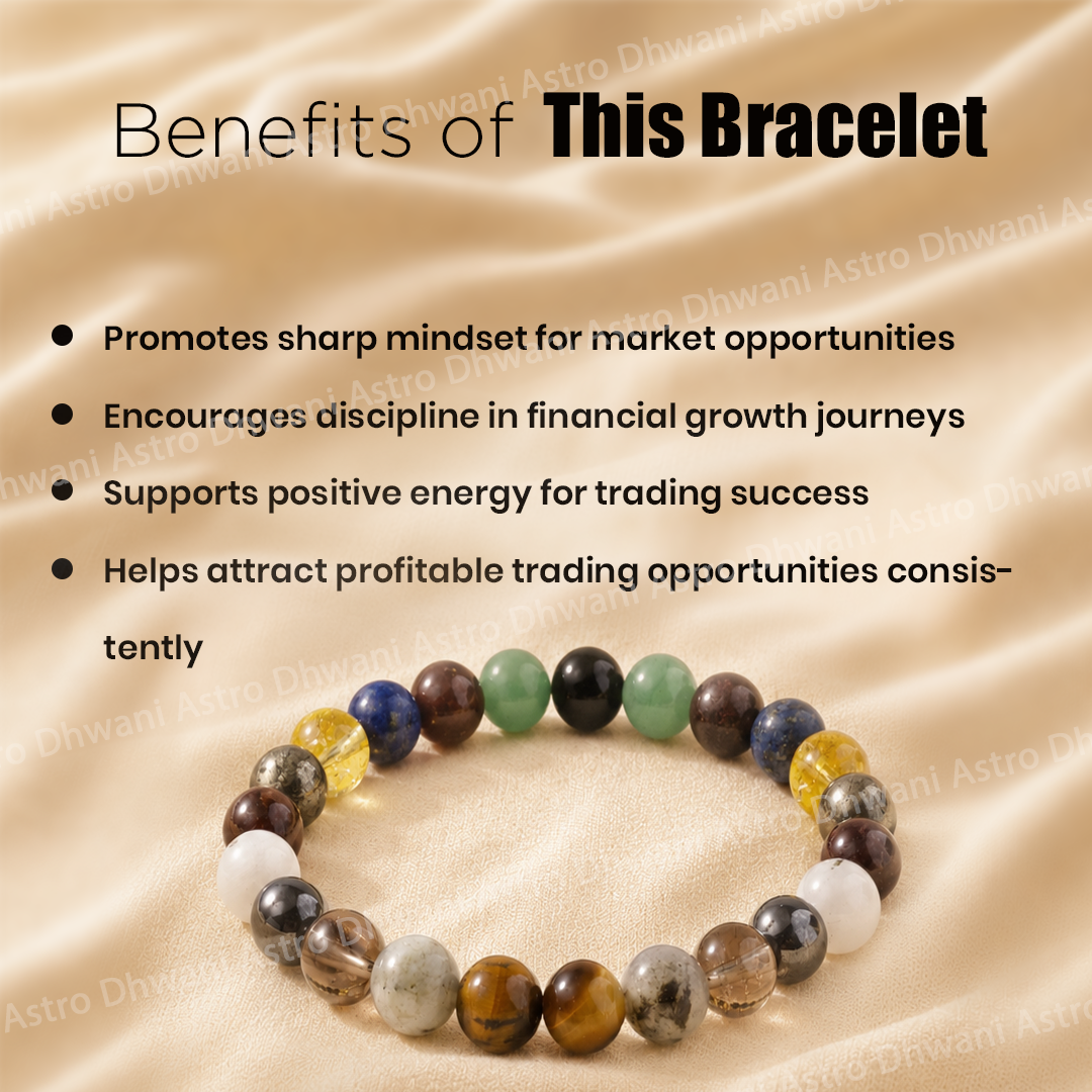 Multicolored beaded bracelet on a beige fabric background with text about the bracelet's benefits.