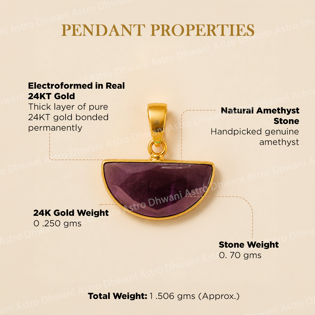 Gold pendant with amethyst stone on a beige background with text detailing properties.