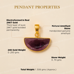 Gold pendant with amethyst stone on a beige background with text detailing properties.