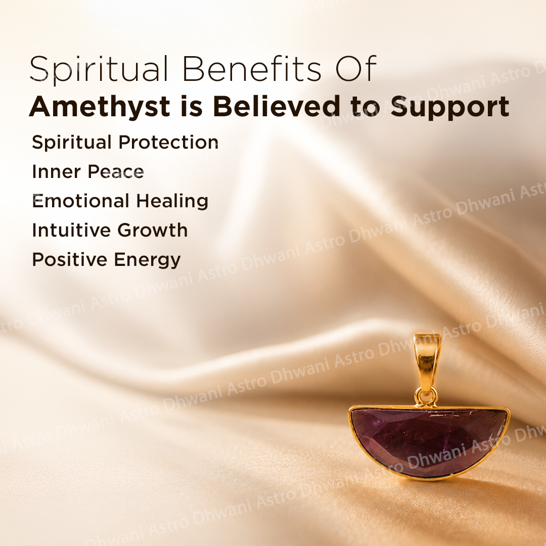 Amethyst pendant with gold frame on beige fabric, text about spiritual benefits of amethyst.