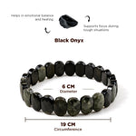 Black onyx bracelet with measurements and properties on a white background