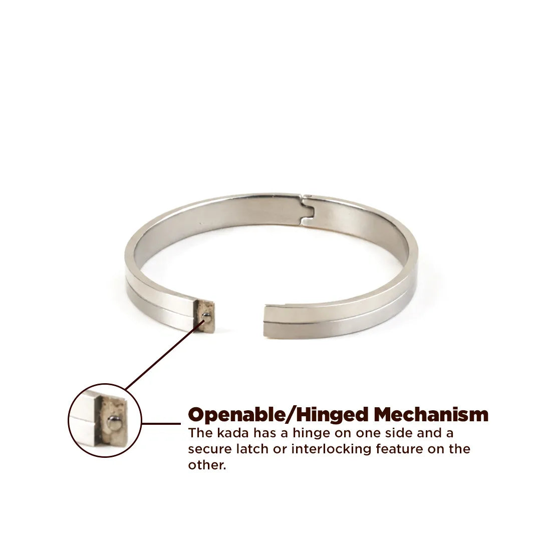 Silver kada with openable/hinged mechanism on a white background