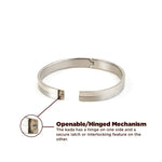 Silver kada with openable/hinged mechanism on a white background