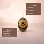 Stone with Bitcoin symbol andPYRITE label on a gradient background