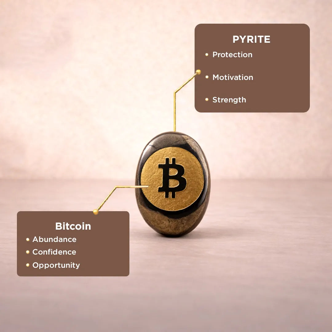 Stone with Bitcoin symbol andPYRITE label on a gradient backgroundPyrite Bitcoin Coin – Wealth Attraction Crystal for Money, Success & Prosperity