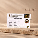 Precise Gemological Laboratory identification report for a natural golden pyrite stone on a beige background.