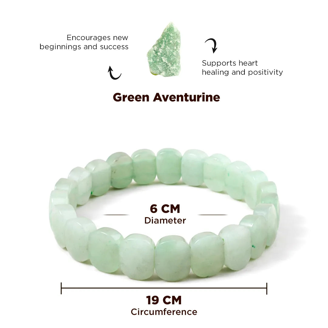Green aventurine bracelet with properties and measurements on a white background
