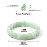 Green aventurine bracelet with properties and measurements on a white background