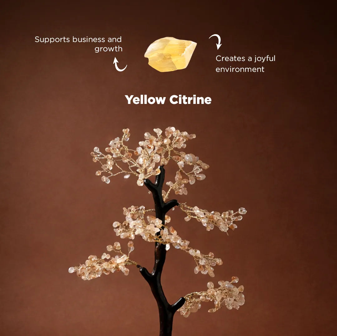 Yellow citrine crystal on a branch with descriptive text on a brown backgroundYellow Citrine Tree – Abhimantrit Crystal Tree for Abundance, Prosperity & Growth